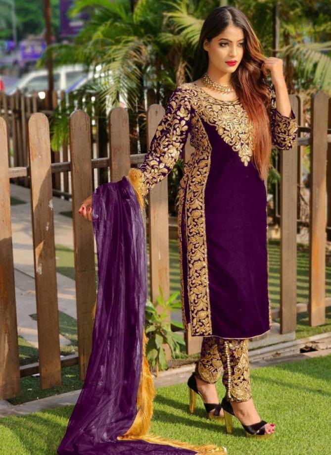 Purple Colour Latest Fancy Designer Festive Wear Velvet With Front And back Embroidery And Heavy Stone Work Salwar Suit Collection 1105
